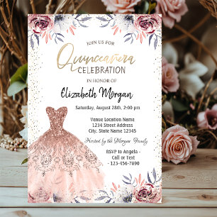 Elegant Dress,Confetti Roses Quinceañera  Invitation