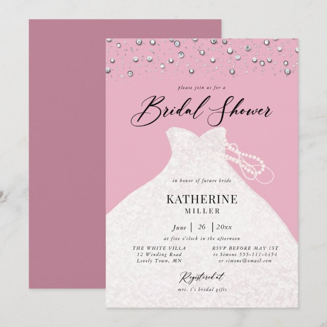 Elegant Dress in Pearls Girly Pink Bridal Shower Invitation (Front/Back)