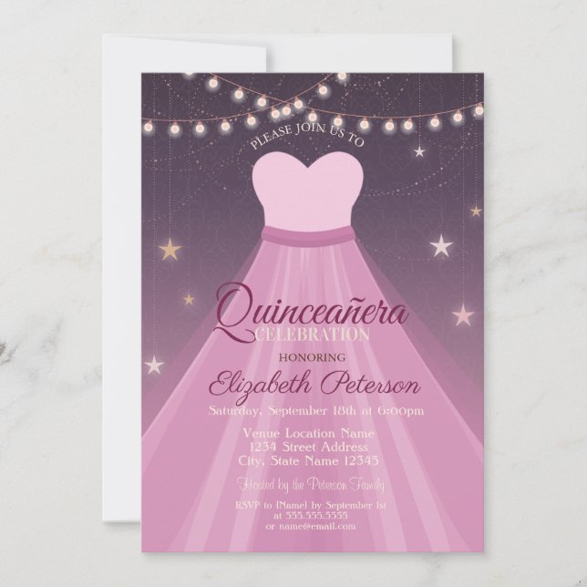 Elegant Dress, String Lights Quinceañera Invitation (Front)
