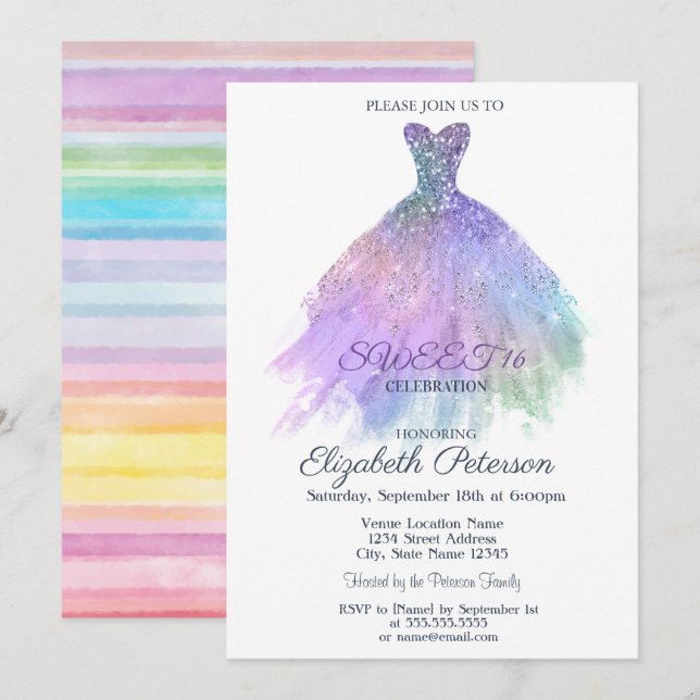 Elegant Dress Watercolor Colourful Striped Sweet 1 Invitation (Front/Back)