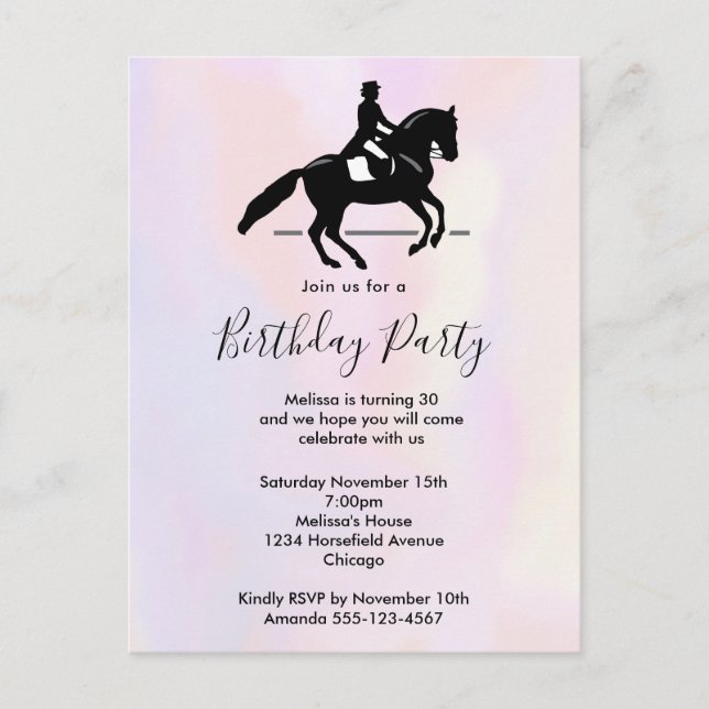 Elegant Dressage Rider on Watercolor Birthday Invitation Postcard (Front)