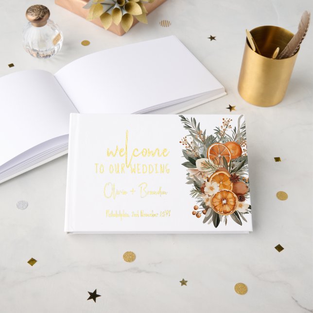 Elegant Dry Oranges Wedding Guest Book  (Front Open)