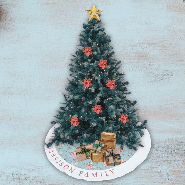 Elegant Duck Egg Blue Holly Christmas Brushed Polyester Tree Skirt (vintage style duck egg blue Christmas tree skirt)