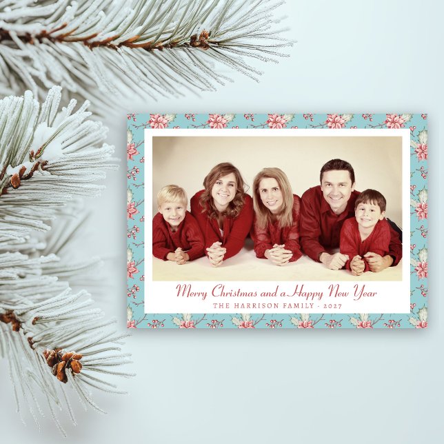 Elegant Duck Egg Blue Holly Photo  Holiday Card (elegat duck egg blue holly photo holiday card)