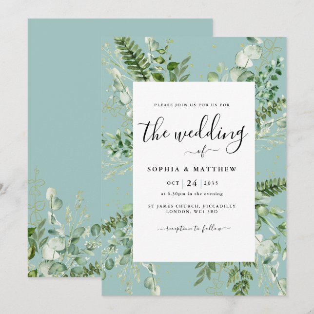 Elegant Duck Egg Eucalyptus Wedding Invitation (Front/Back)