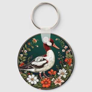 Elegant Duck Surrounded by Vibrant Flowers Keychain