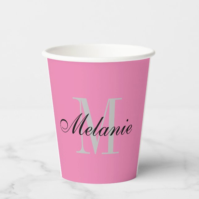 Elegant dull pink name monogram personalized paper cups (Front)