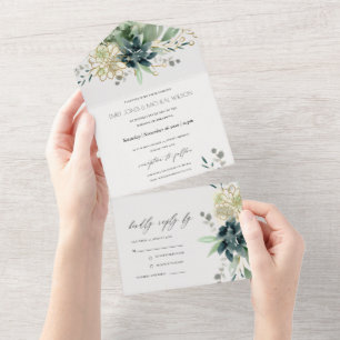 Elegant Dusky Blue Green Succulent Foliage Wedding All In One Invitation