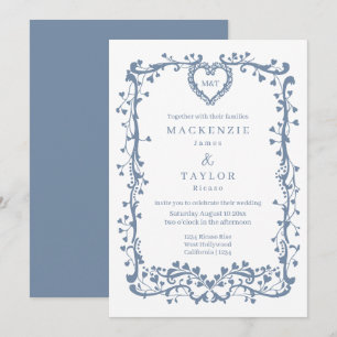 Elegant Dusky Blue Wedding French Frame Heart Invitation