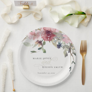 Elegant Dusky Blush Rose Wildflower Floral Wedding Paper Plate