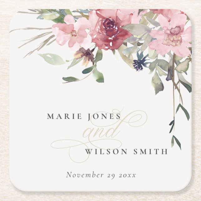 Elegant Dusky Blush Rose Wildflower Floral Wedding Square Paper Coaster (Front)