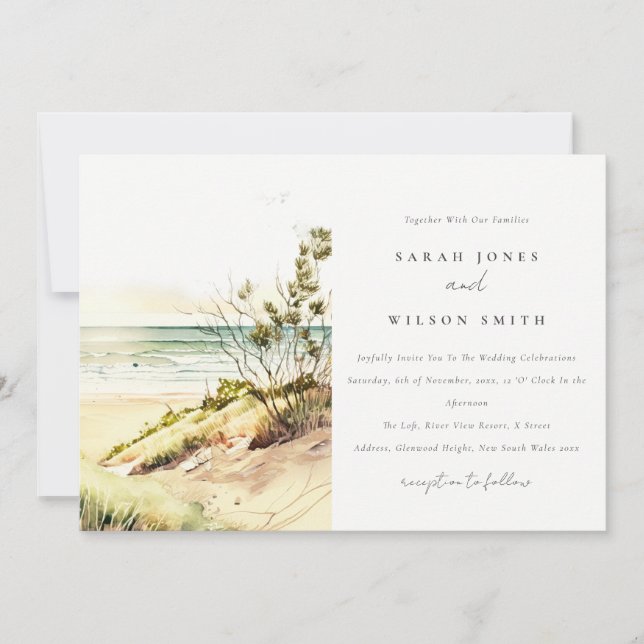 Elegant Dusky Coastal Beach Sun Seascape Wedding Invitation (Front)