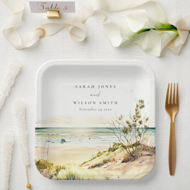 Elegant Dusky Coastal Beach Sun Seascape Wedding Paper Plate (Wedding)