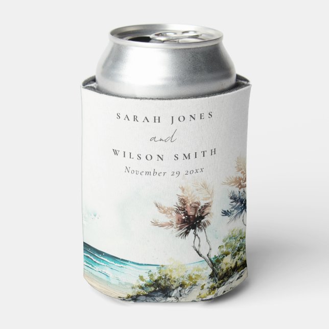 Elegant Dusky Coastal Palm Beach Seascape Wedding Can Cooler (Can Front)