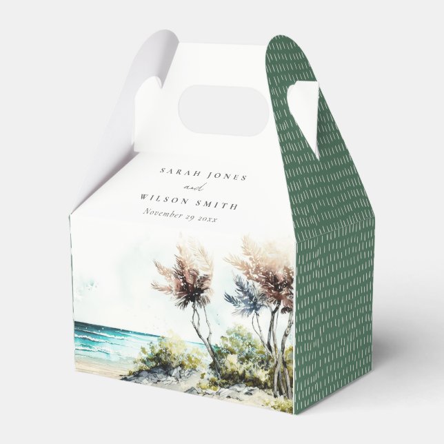 Elegant Dusky Coastal Palm Beach Seascape Wedding Favor Box (Front Side)