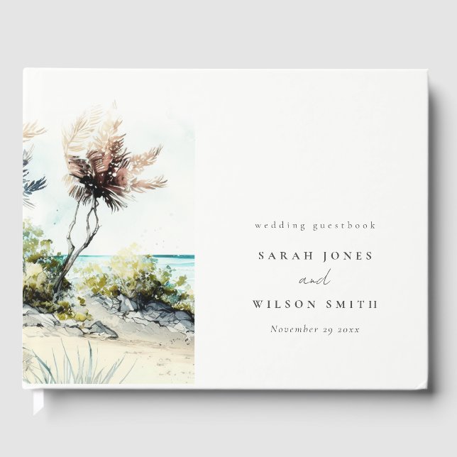 Elegant Dusky Coastal Palm Beach Seascape Wedding Guest Book (Front)