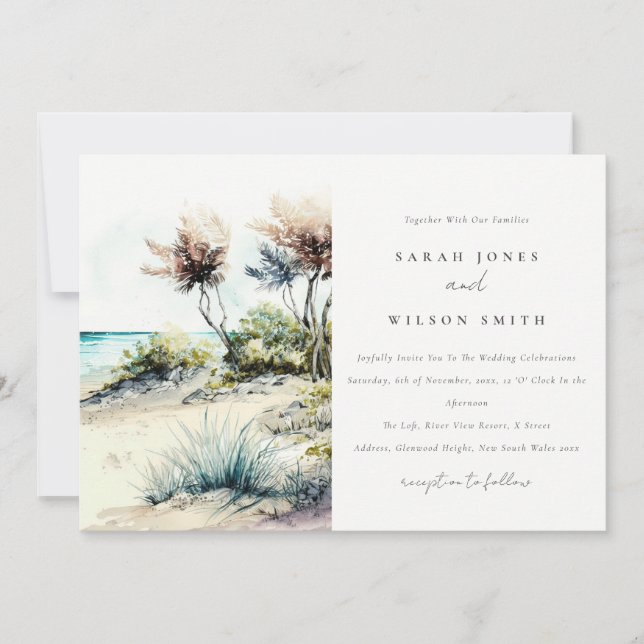 Elegant Dusky Coastal Palm Beach Seascape Wedding Invitation (Front)