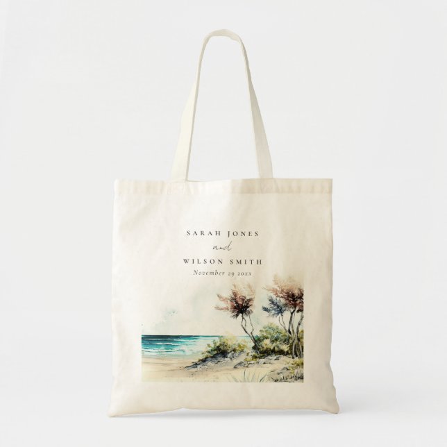 Elegant Dusky Coastal Palm Beach Seascape Wedding Tote Bag (Front)