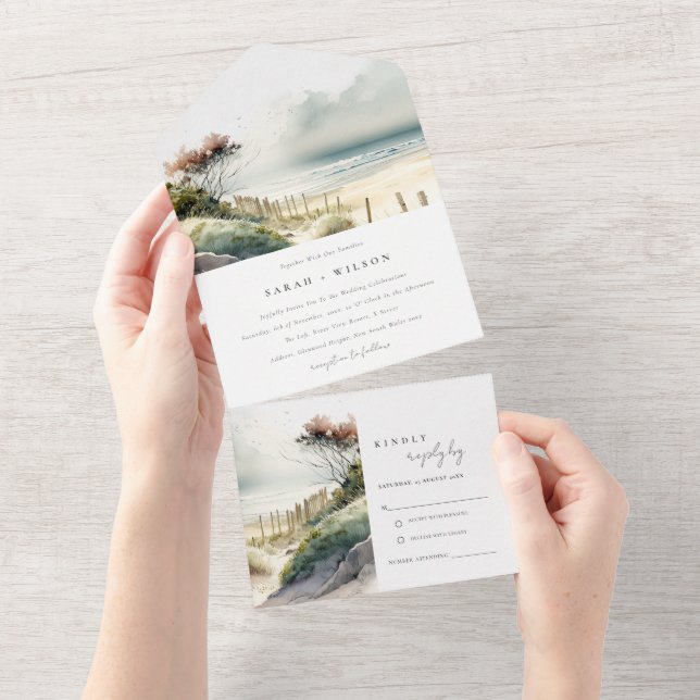 Elegant Dusky Coastal Sand Beach Seascape Wedding All In One Invitation (Tearaway)