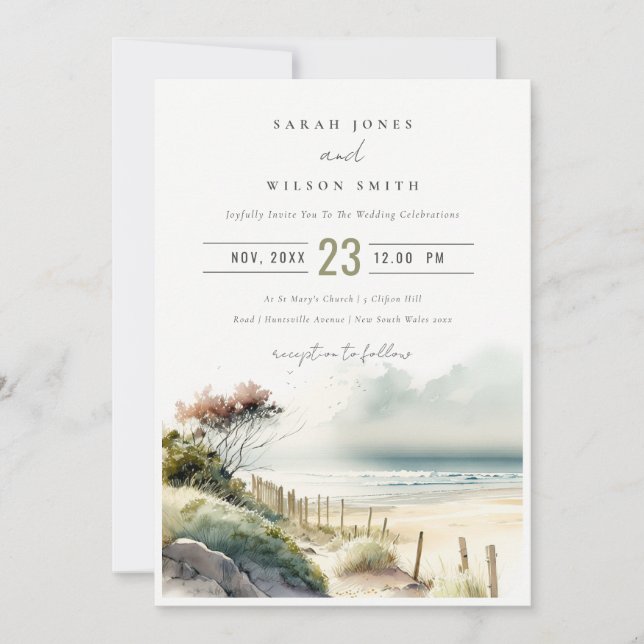 Elegant Dusky Coastal Sand Beach Seascape Wedding Invitation (Front)