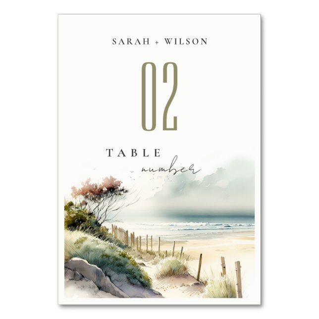Elegant Dusky Coastal Sand Beach Seascape Wedding Table Number (Front)