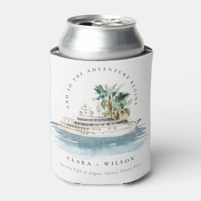 Elegant Dusky Cruise Ship Palm Seascape Wedding  Can Cooler (Can Front)