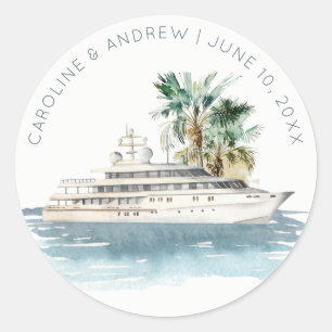 Elegant Dusky Cruise Ship Palm Seascape Wedding Classic Round Sticker