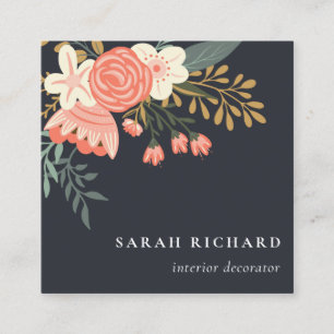 Elegant Dusky Orange Black Blush Ambrosia Floral  Square Business Card