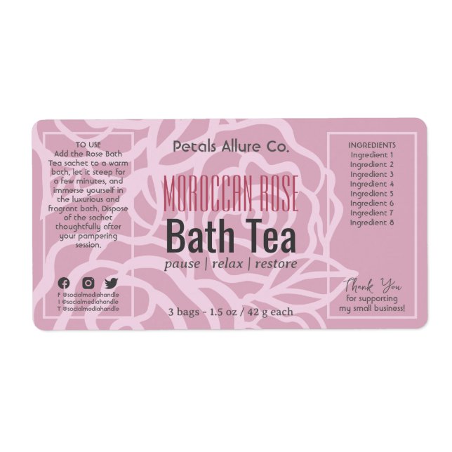 Elegant Dusky Rose Pink Floral Bath Product Label (Front)
