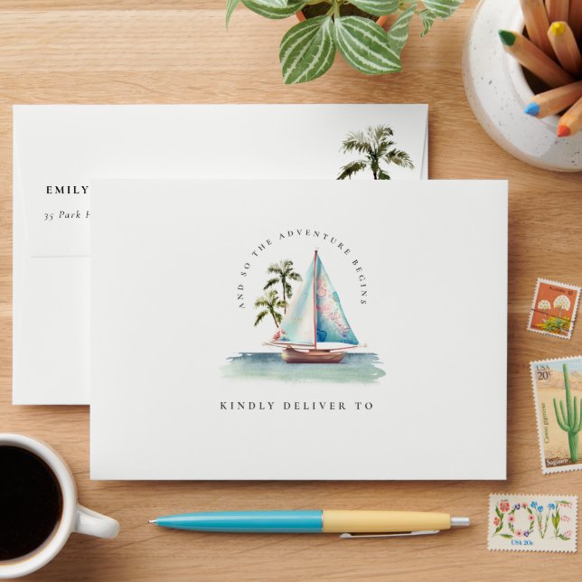 Elegant Dusky Teal Sailboat Palm Seascape Address Envelope (Desk)