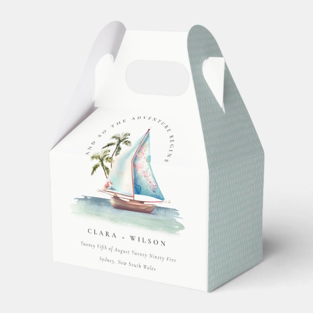 Elegant Dusky Teal Sailboat Palm Seascape Wedding  Favor Box (Front Side)