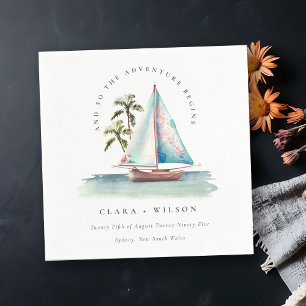 Elegant Dusky Teal Sailboat Palm Seascape Wedding Napkin