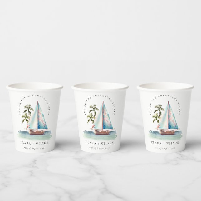 Elegant Dusky Teal Sailboat Palm Seascape Wedding  Paper Cups (Multi)