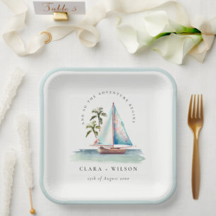 Elegant Dusky Teal Sailboat Palm Seascape Wedding  Paper Plate