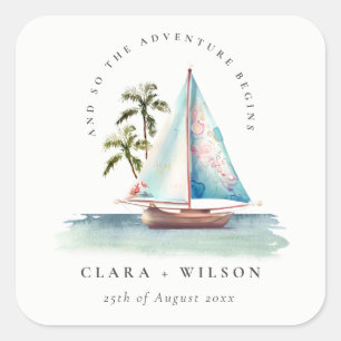 Elegant Dusky Teal Sailboat Palm Seascape Wedding  Square Sticker