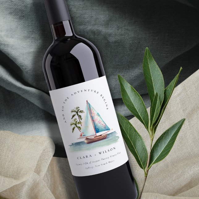 Elegant Dusky Teal Sailboat Palm Seascape Wedding  Wine Label (Creator Uploaded)