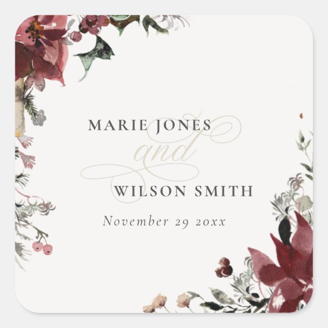 Elegant Dusky Warm Winter Festive Foliage Wedding Square Sticker (Front)