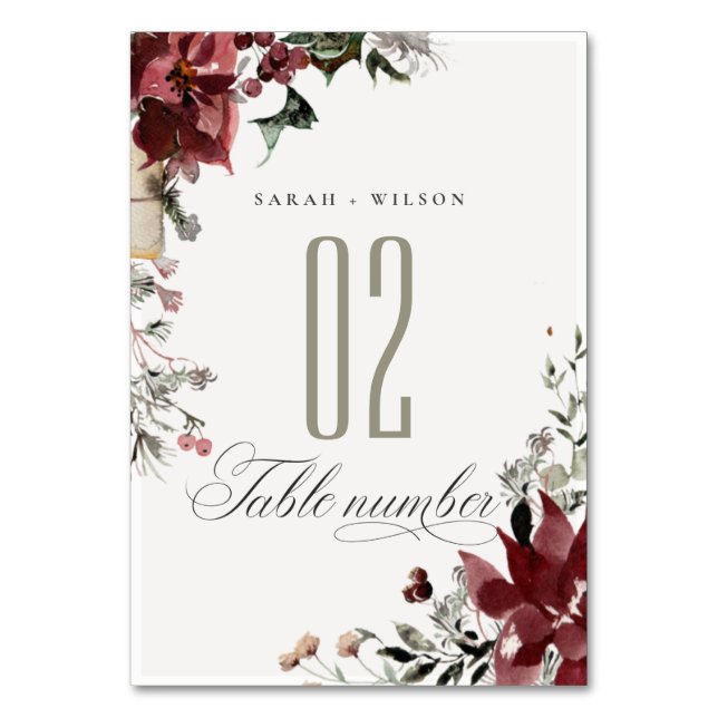 Elegant Dusky Warm Winter Festive Foliage Wedding Table Number (Front)