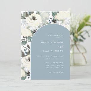 Elegant Dust Blue Watercolor Floral Arch Wedding Invitation