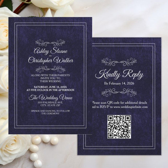 Elegant Dusty Black White QR code Wedding Invitation (Black velvet and white text elegant wedding invitation and rsvp combination with your QR code)