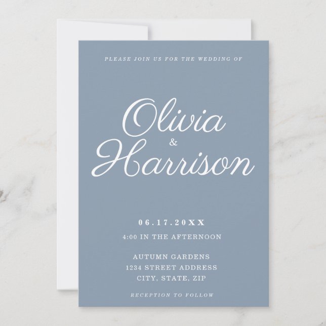 Elegant Dusty Blue All In One Wedding Invitation (Front)