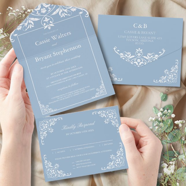 Elegant Dusty Blue All In One Wedding Invitation (elegant dusty blue and white simple minimal all in one wedding invitation with rsvp card attached)
