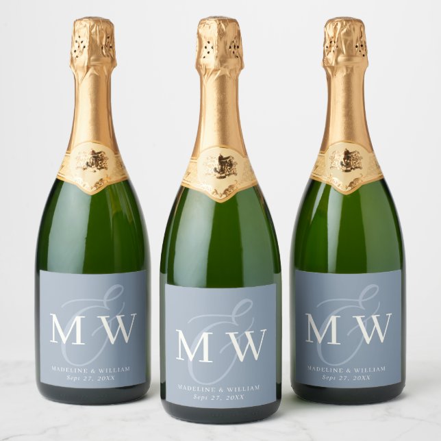 Elegant Dusty Blue Ampersand Monogram Wedding Sparkling Wine Label (Bottles)