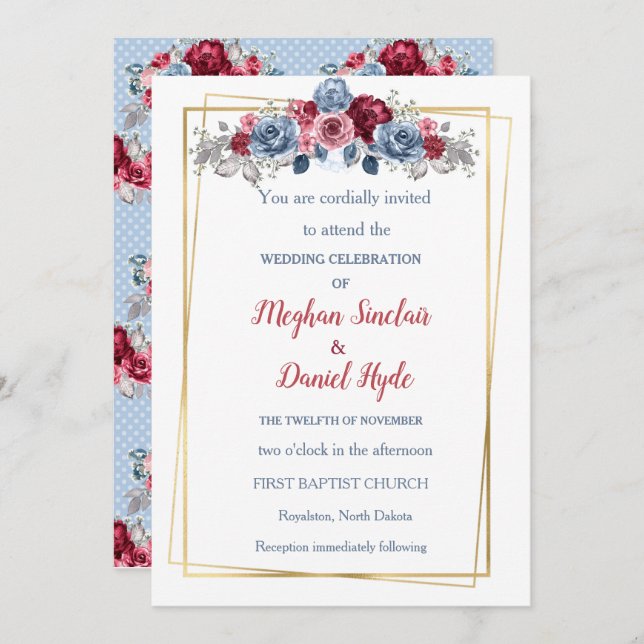Elegant Dusty Blue and Burgundy Wedding Invitation (Front/Back)