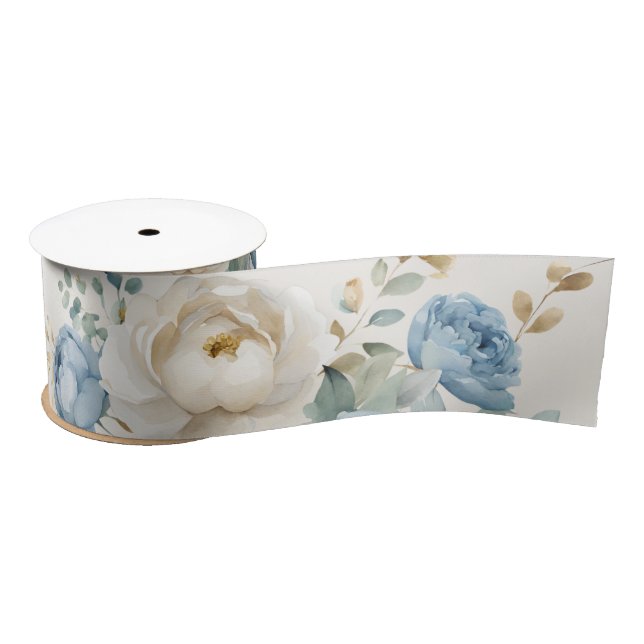 Elegant Dusty Blue and Cream Rose Wedding  Satin Ribbon (Spool)