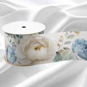 Elegant Dusty Blue and Cream Rose Wedding  Satin Ribbon