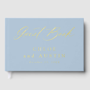 Elegant Dusty Blue and Gold Calligraphy Wedding Guest Book