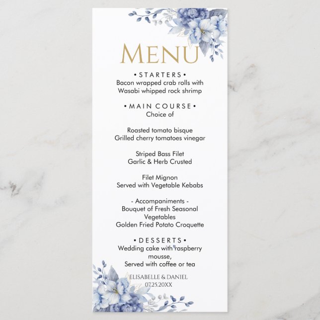 Elegant Dusty Blue and Gold Floral  Wedding Dinner Menu (Front)