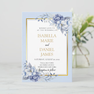 Elegant Dusty Blue and Gold Floral Wedding Invitation