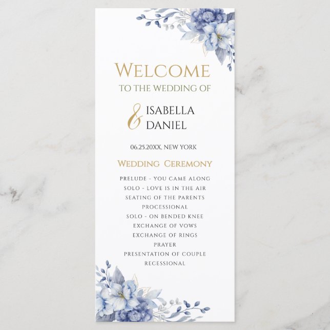 Elegant Dusty Blue and Gold Floral Wedding Program (Front)